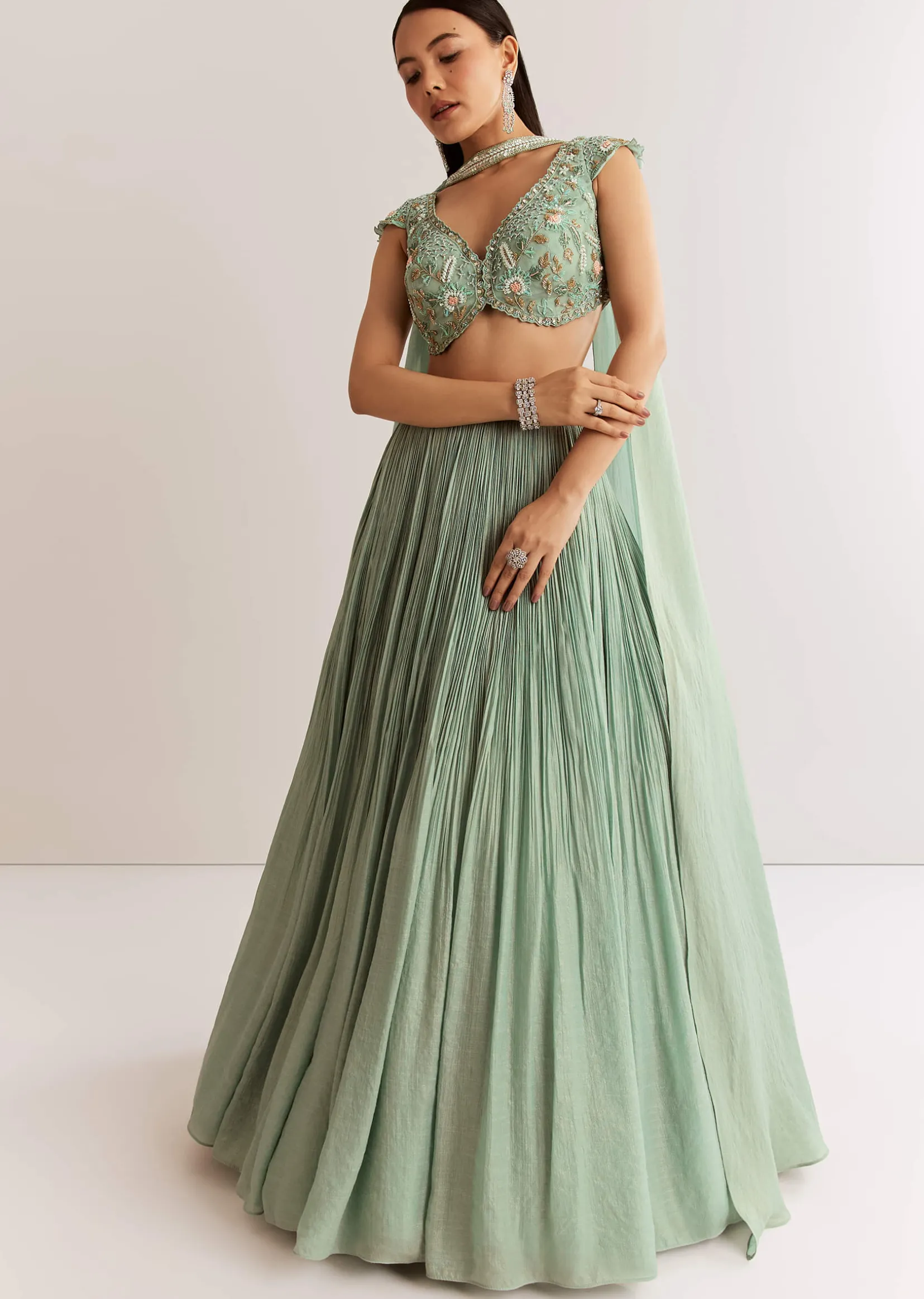 Sky Blue French Tissue Choli Set With Cutdana Moti And Beads