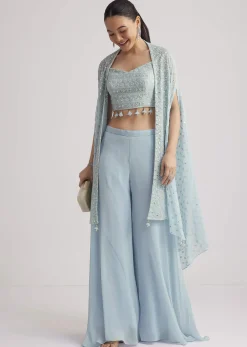 Sky Blue Georgette Palazzo Set With Embroidered Cape
