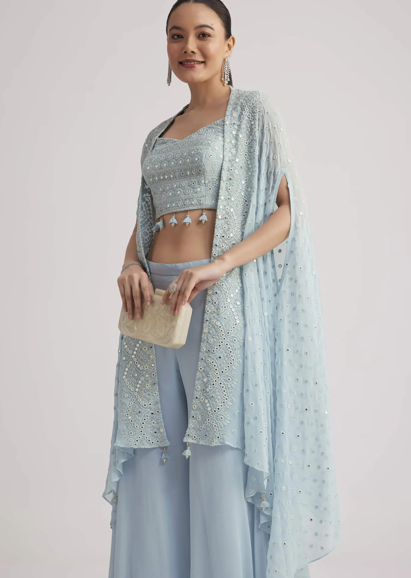 Sky Blue Georgette Palazzo Set With Embroidered Cape