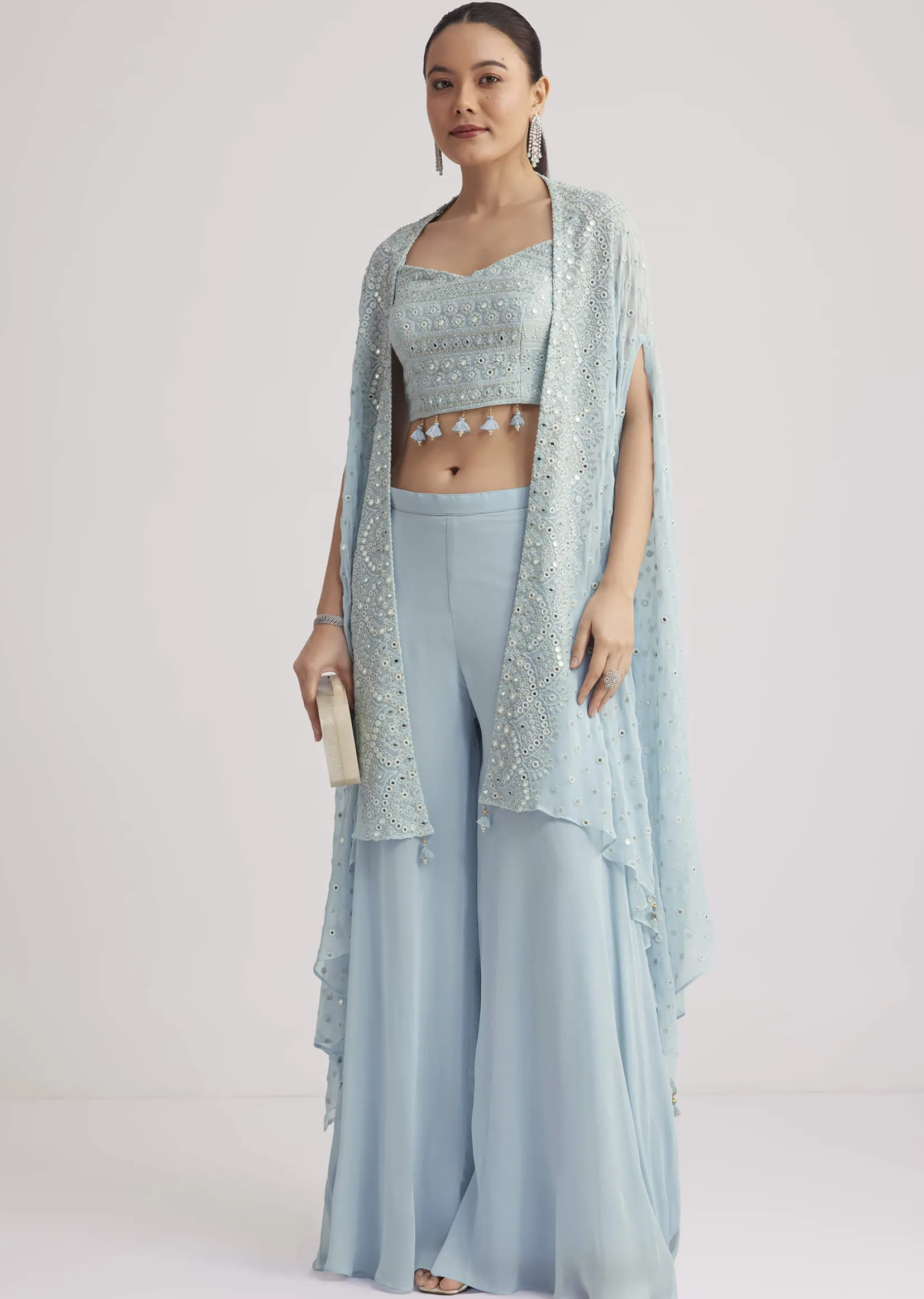 Sky Blue Georgette Palazzo Set With Embroidered Cape