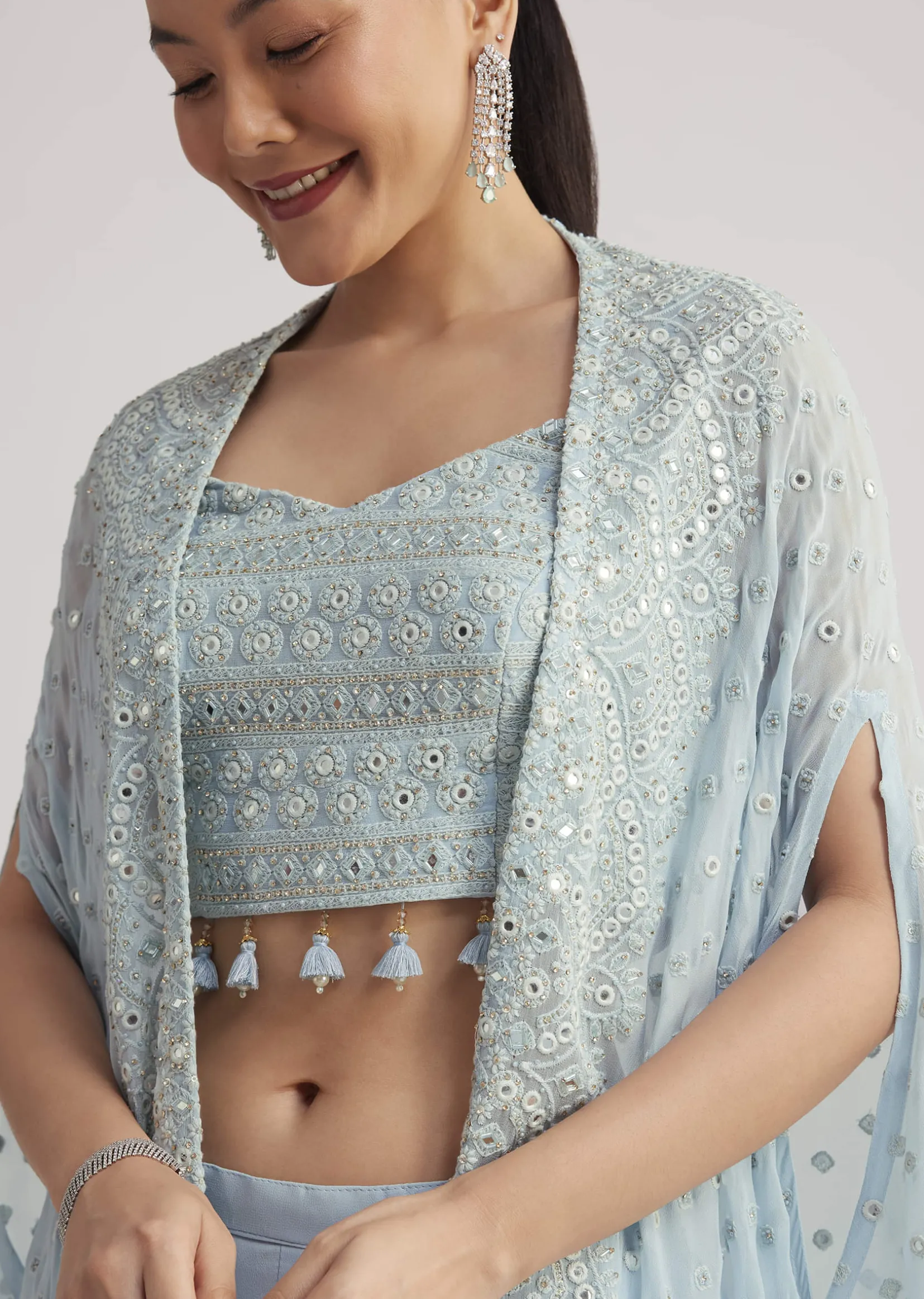Sky Blue Georgette Palazzo Set With Embroidered Cape