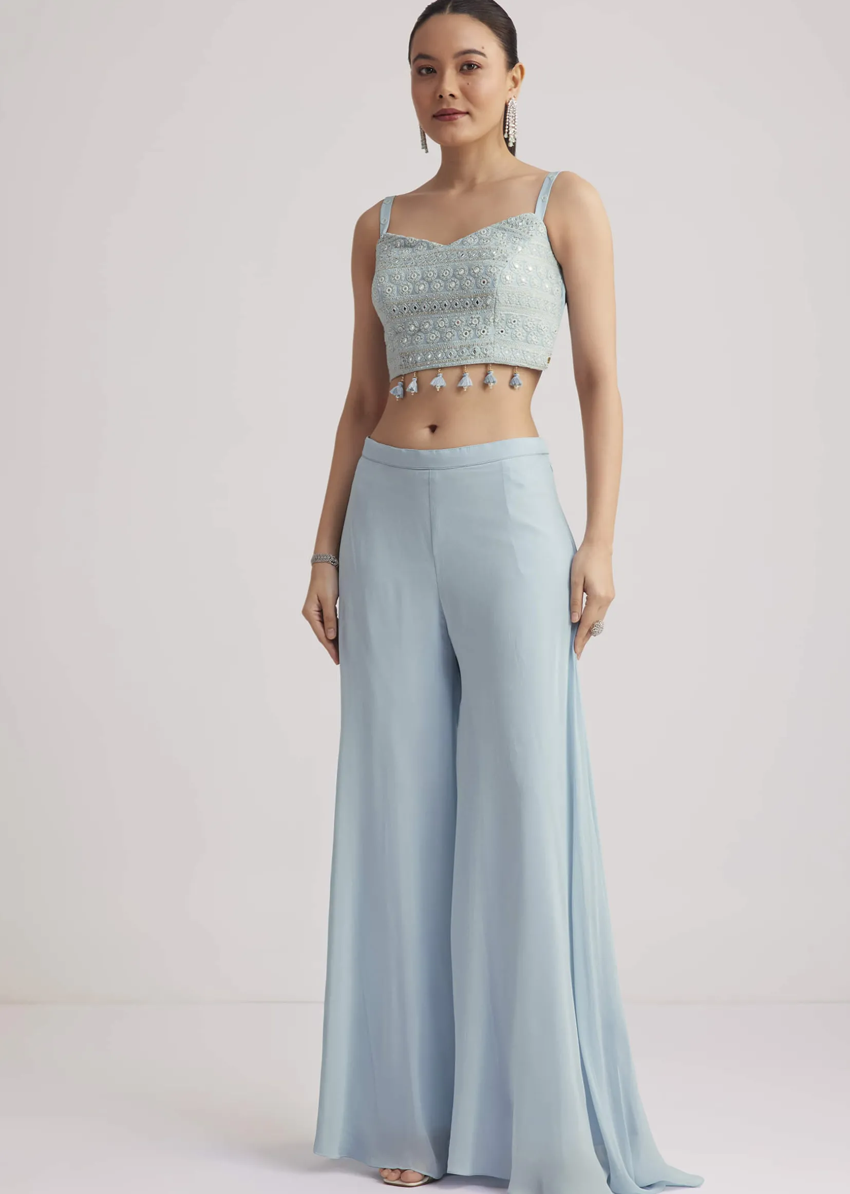Sky Blue Georgette Palazzo Set With Embroidered Cape