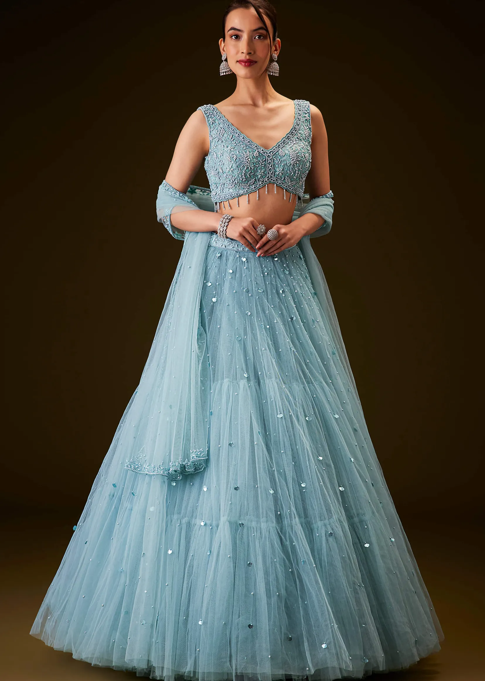 Sky Blue Hand Embroidered Net And Pearl Work Lehenga Set