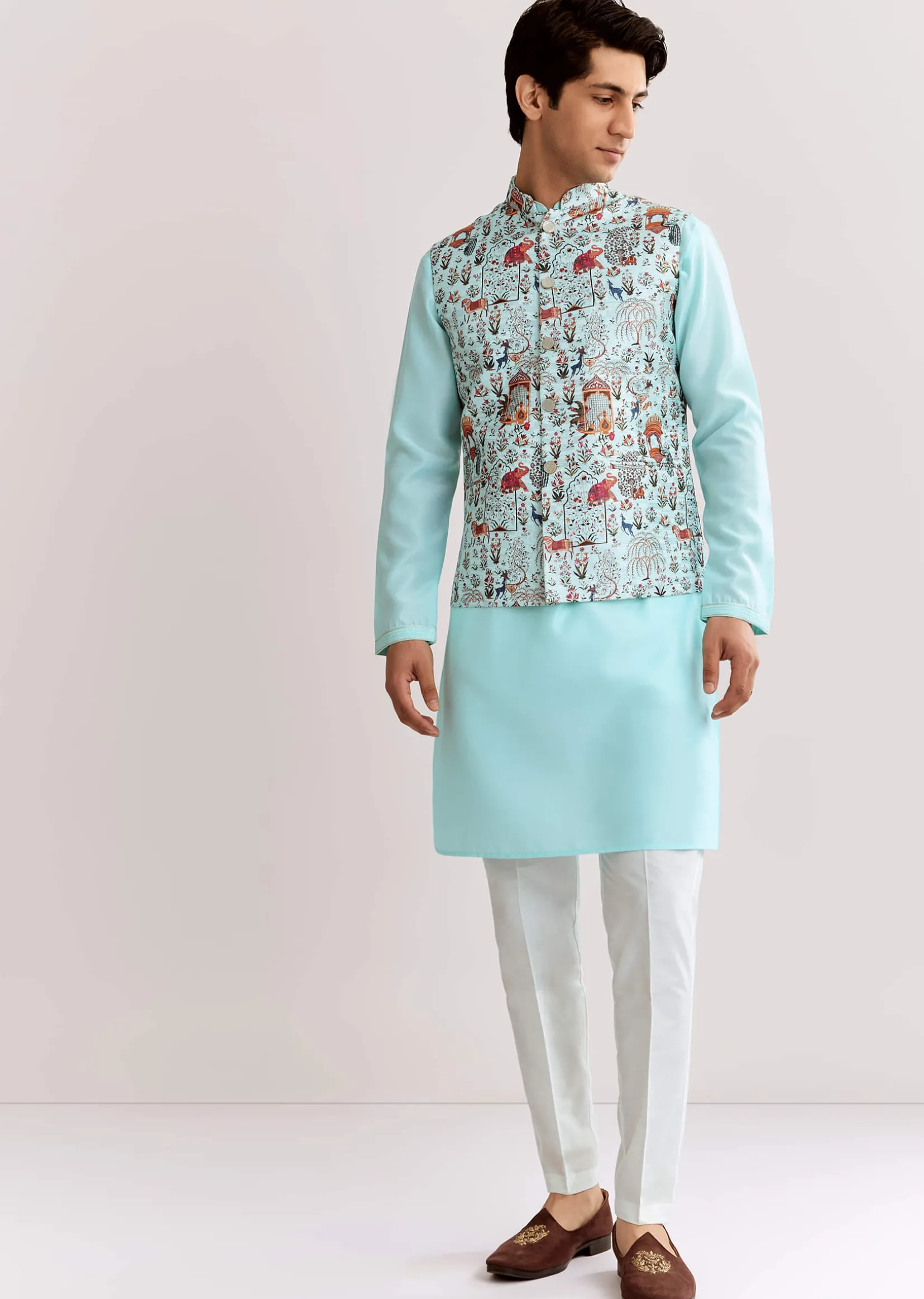 Sky Blue Jacquard Kurta Jacket Set With Animal Print