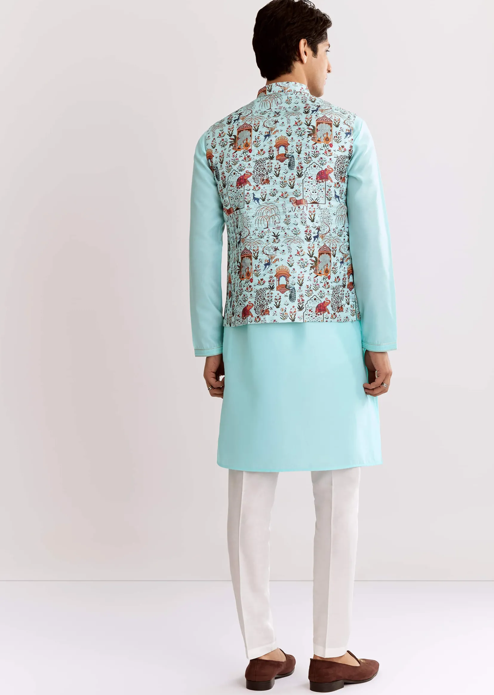 Sky Blue Jacquard Kurta Jacket Set With Animal Print