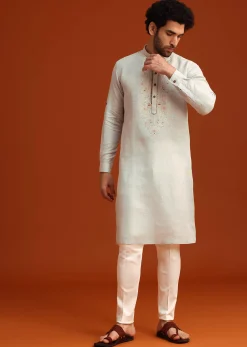 Sky Blue Kurta Set With Floral Thread Embroidery