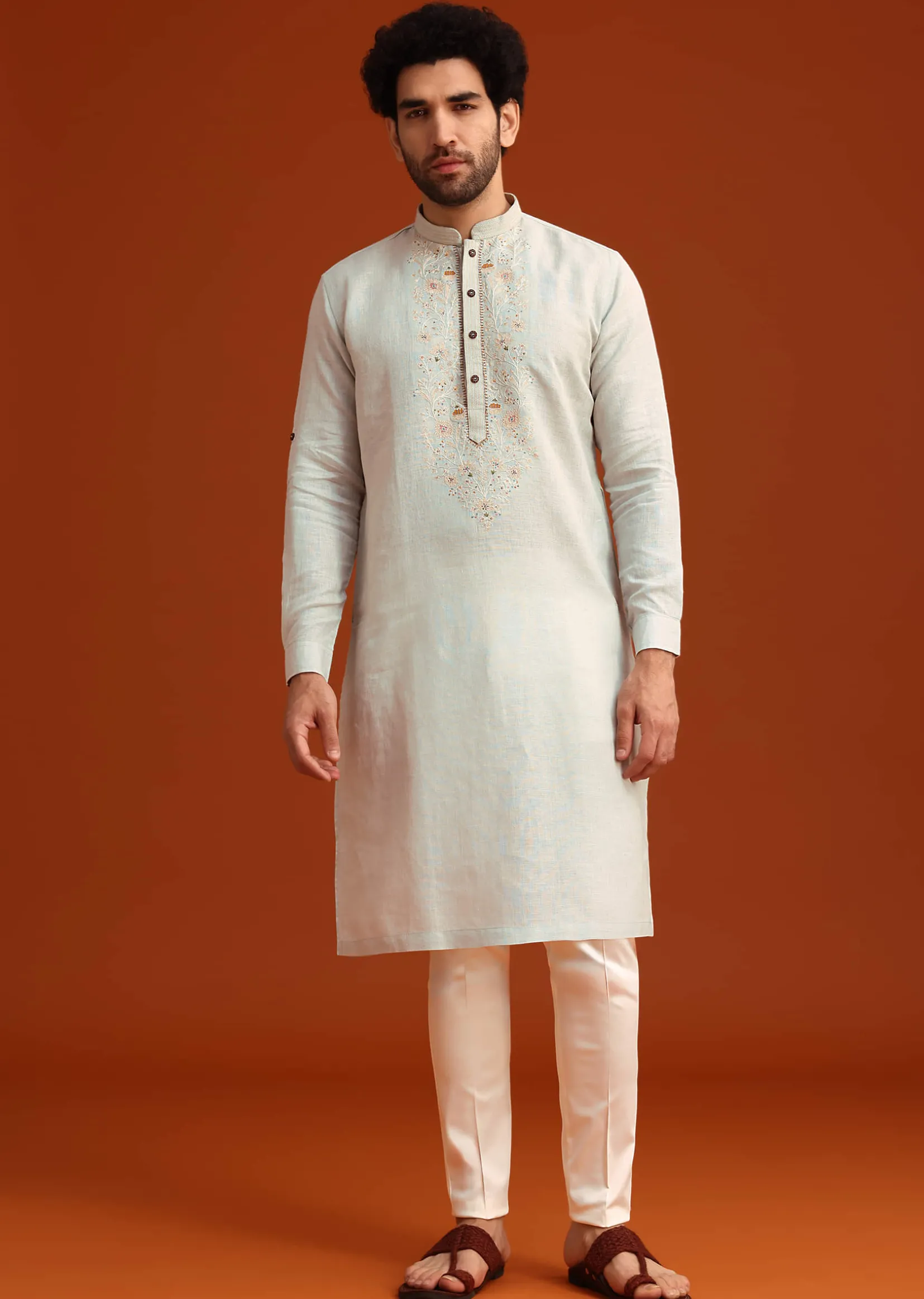 Sky Blue Kurta Set With Floral Thread Embroidery