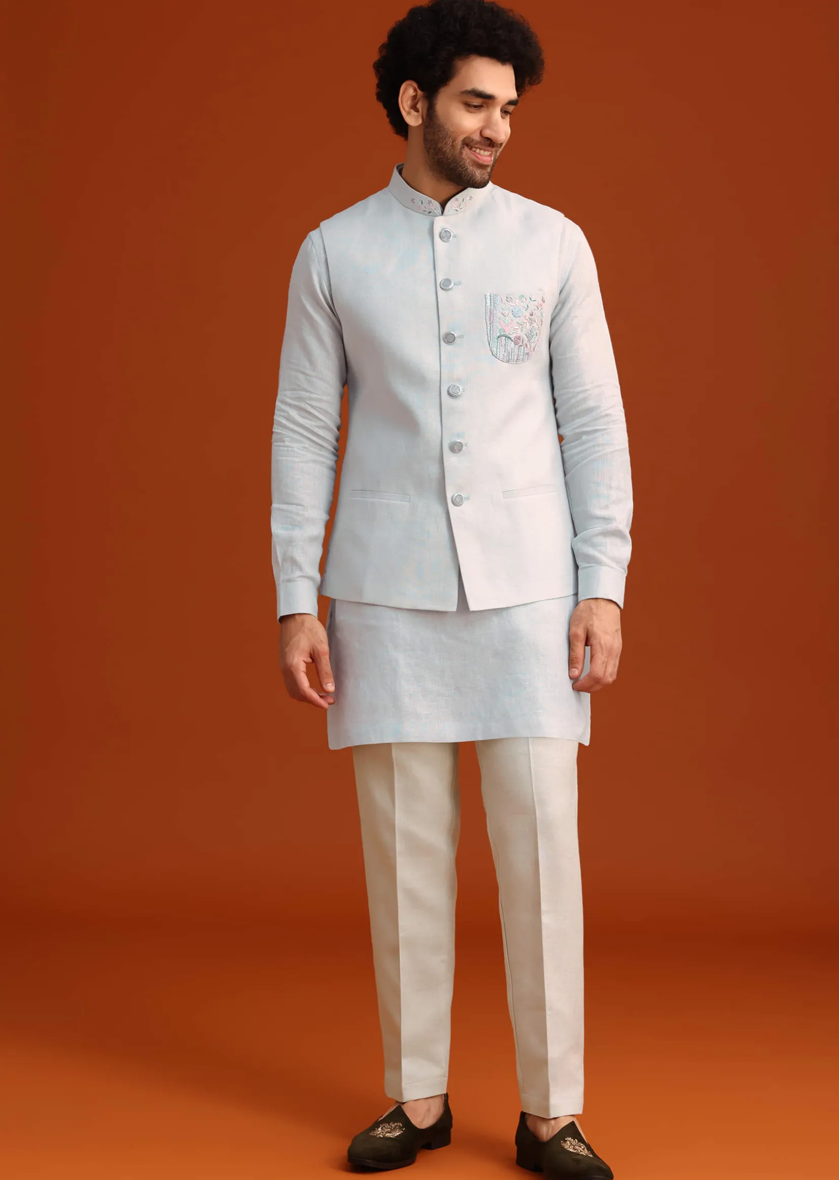 Sky Blue Linen Kurta Jacket Set With Resham Work