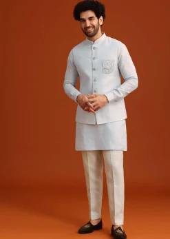 Sky Blue Linen Kurta Jacket Set With Resham Work