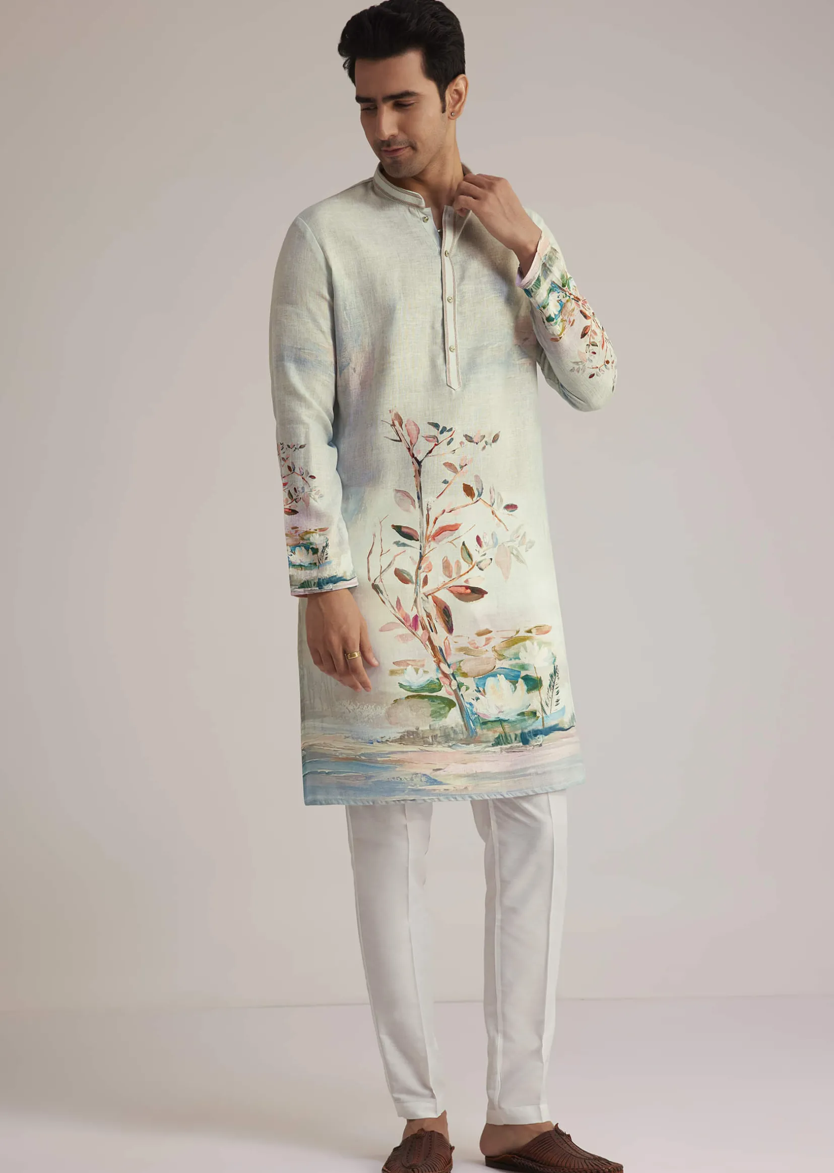 Sky Blue Linen Kurta With Floral Print