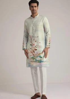 Sky Blue Linen Kurta With Floral Print