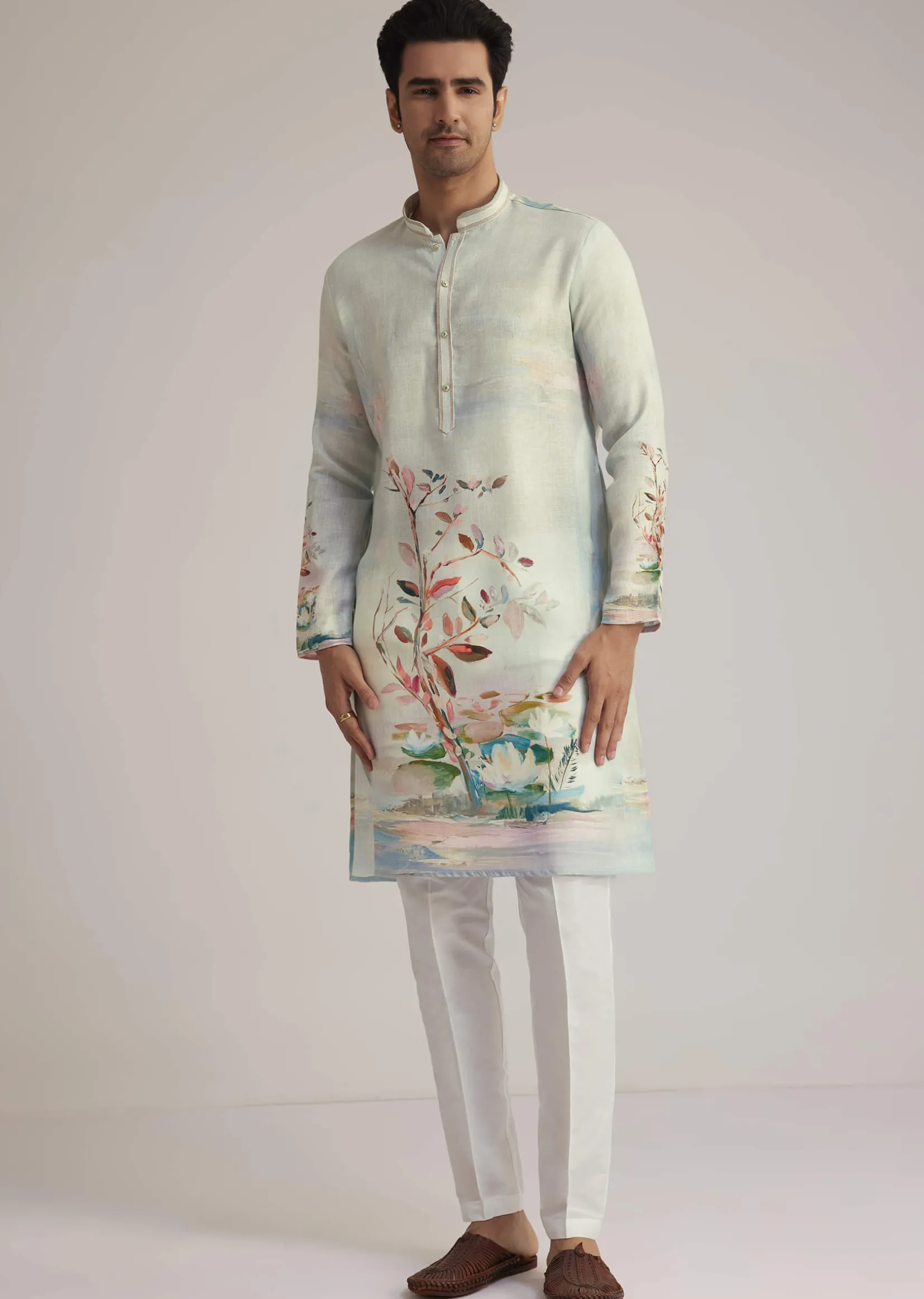 Sky Blue Linen Kurta With Floral Print