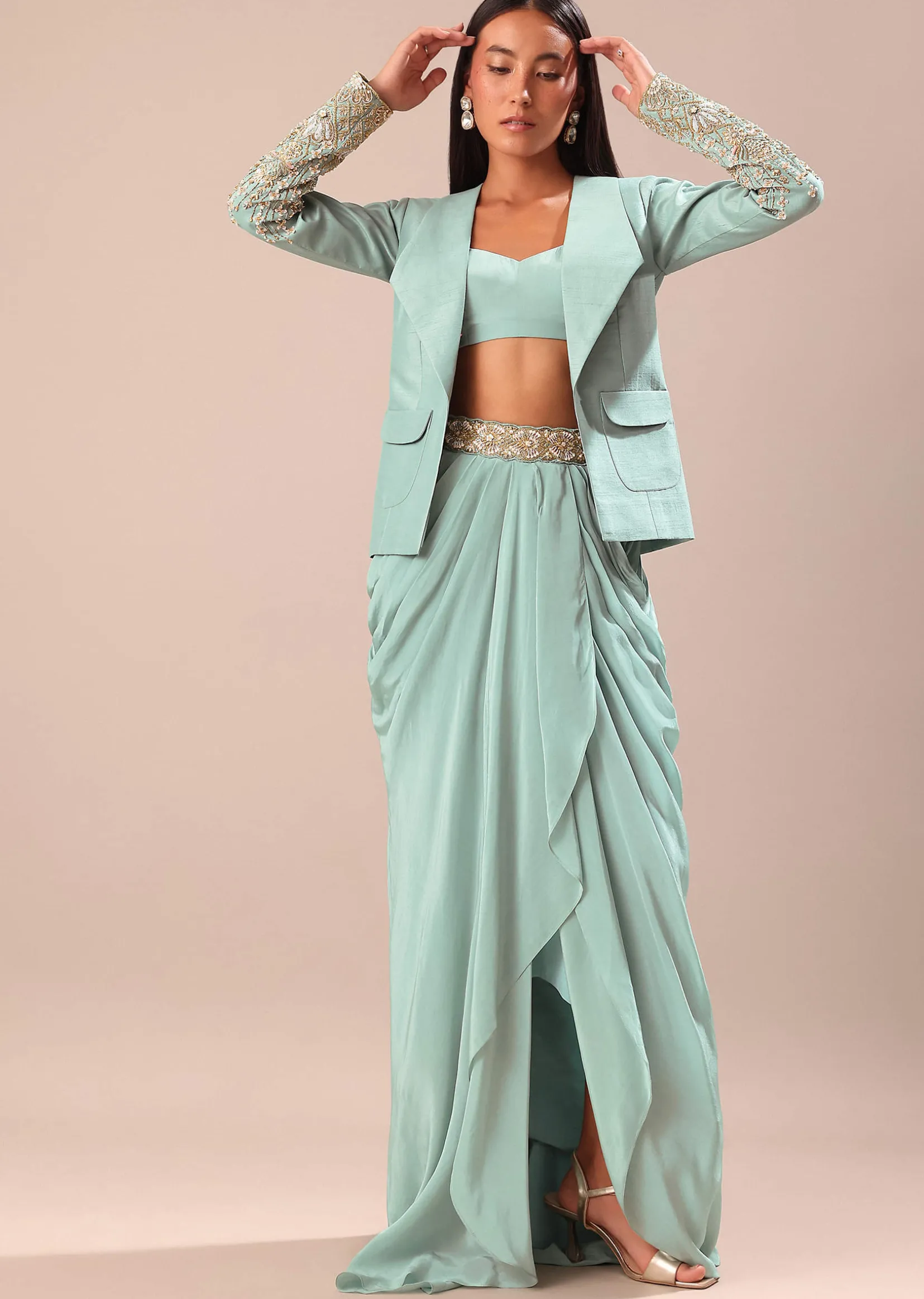 Sky Blue Ombre Draped Skirt With Embroidered Blouse And Jacket
