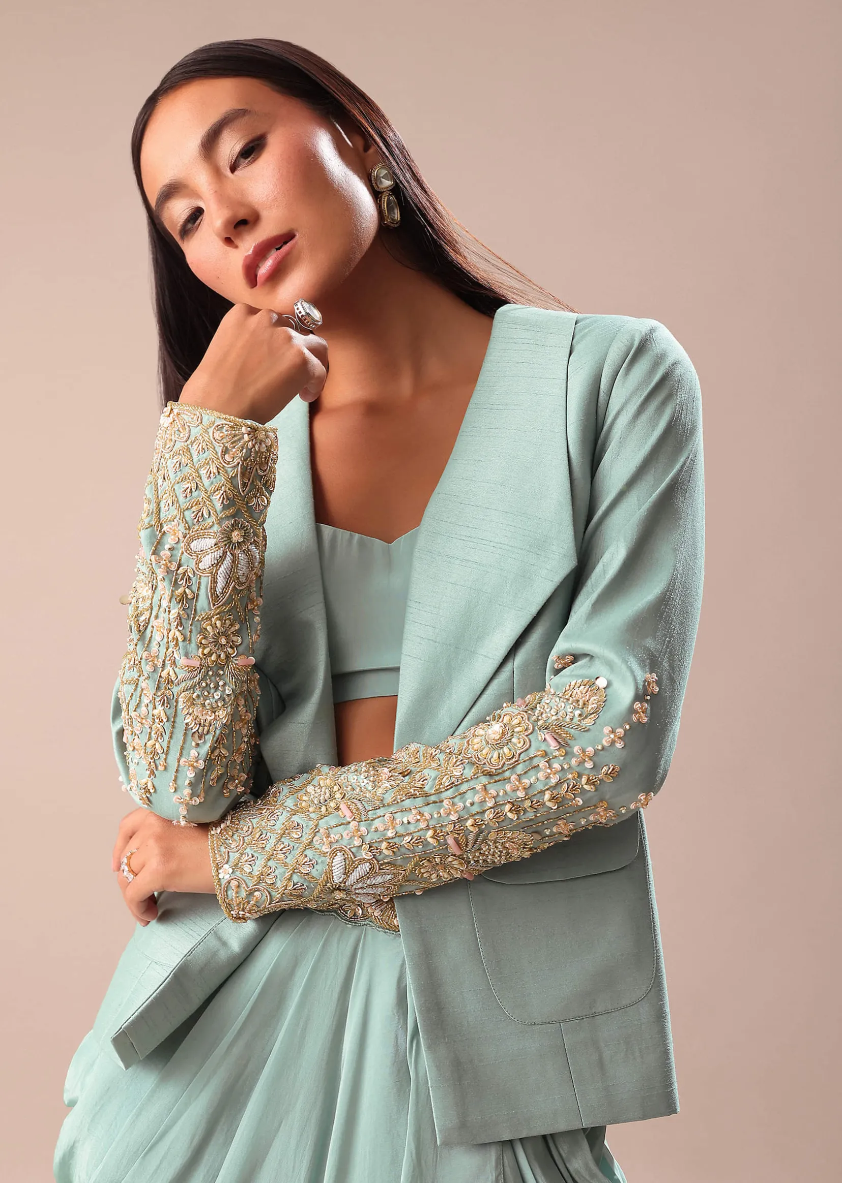 Sky Blue Ombre Draped Skirt With Embroidered Blouse And Jacket
