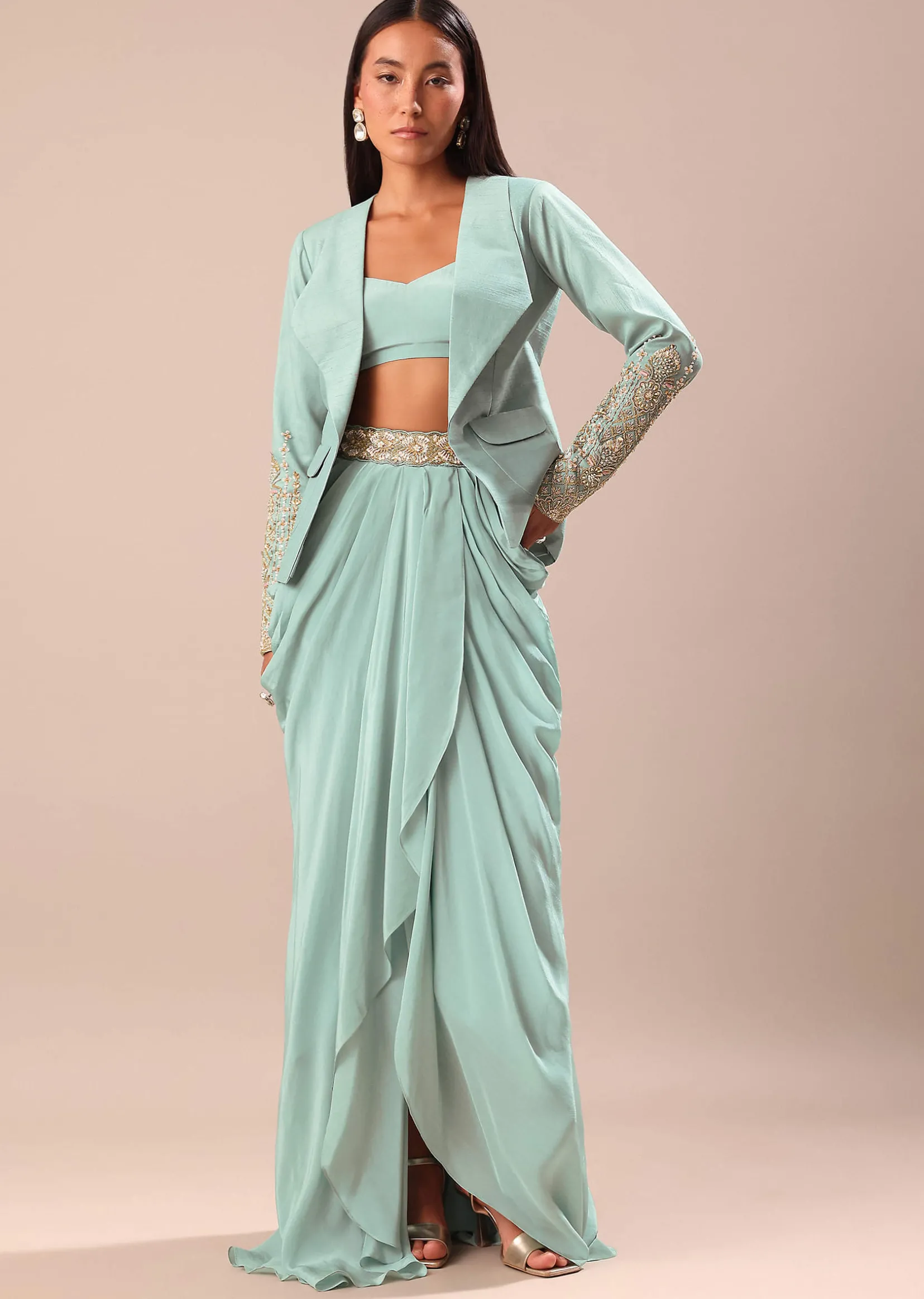 Sky Blue Ombre Draped Skirt With Embroidered Blouse And Jacket