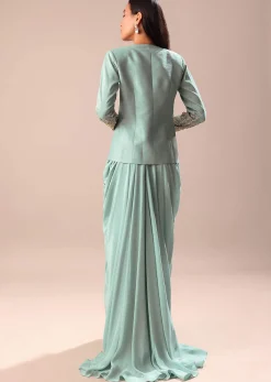 Sky Blue Ombre Draped Skirt With Embroidered Blouse And Jacket