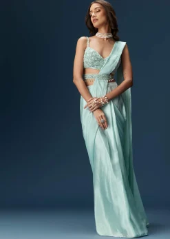 Sky Blue Ready Pleated Saree With Blouse And Belt