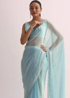 Sky Blue Saree With Cutdana Border And Unstitched Blouse