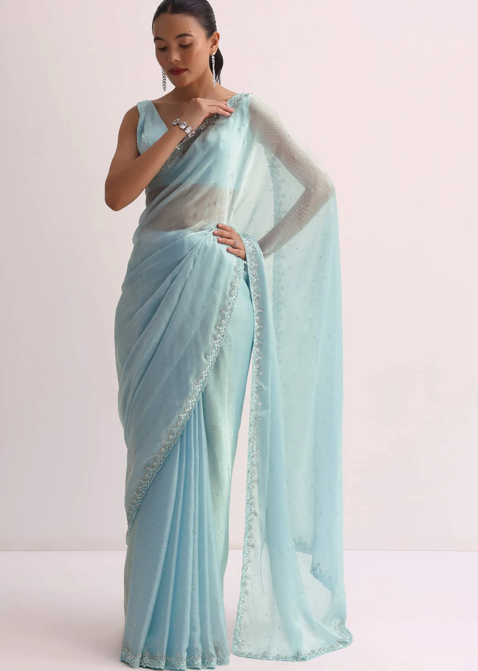 Sky Blue Saree With Cutdana Border And Unstitched Blouse