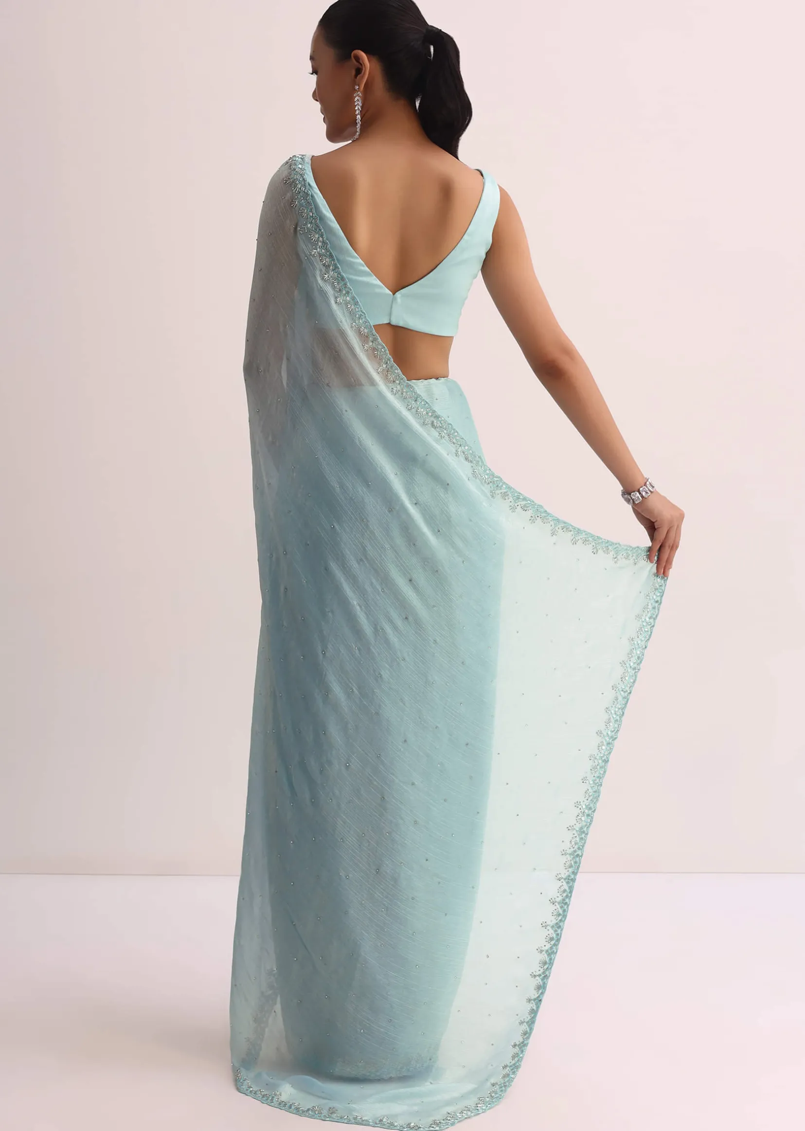 Sky Blue Saree With Cutdana Border And Unstitched Blouse