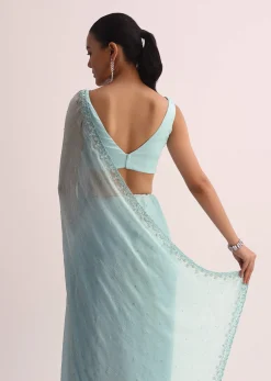 Sky Blue Saree With Cutdana Border And Unstitched Blouse