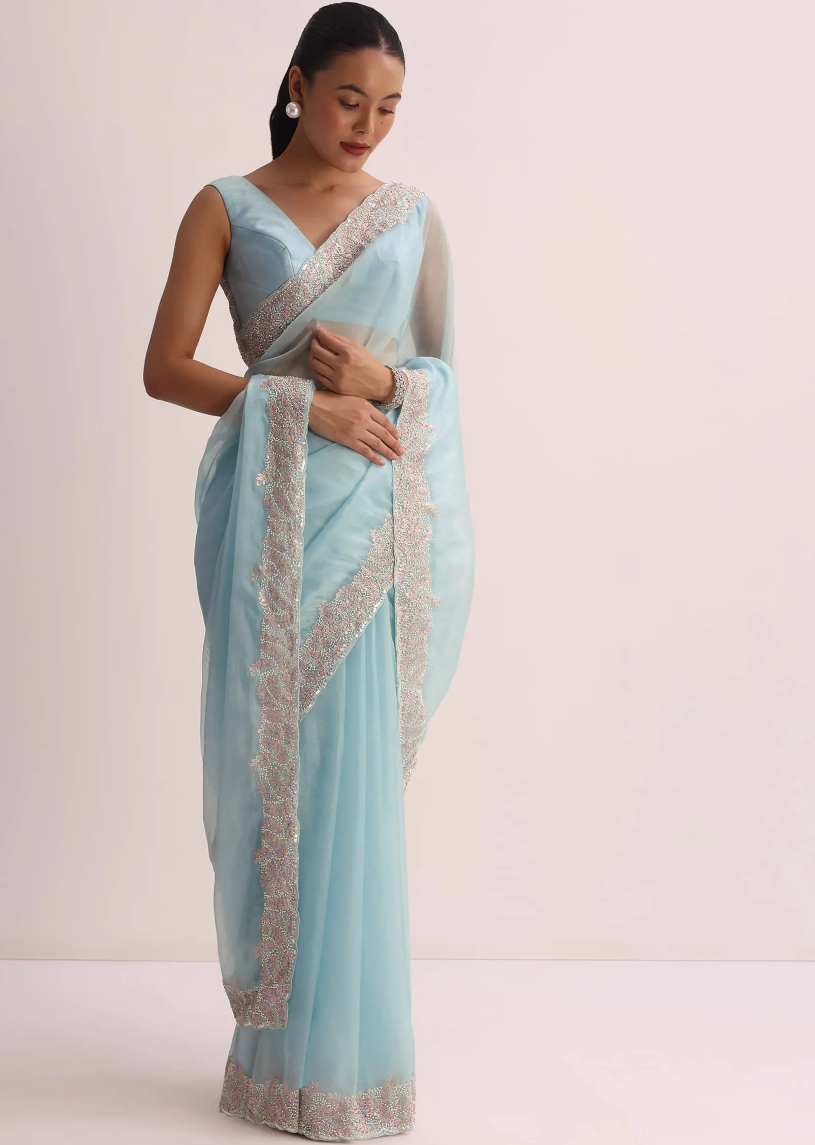 Sky Blue Saree With Resham Threadwork And Unstitched Blouse