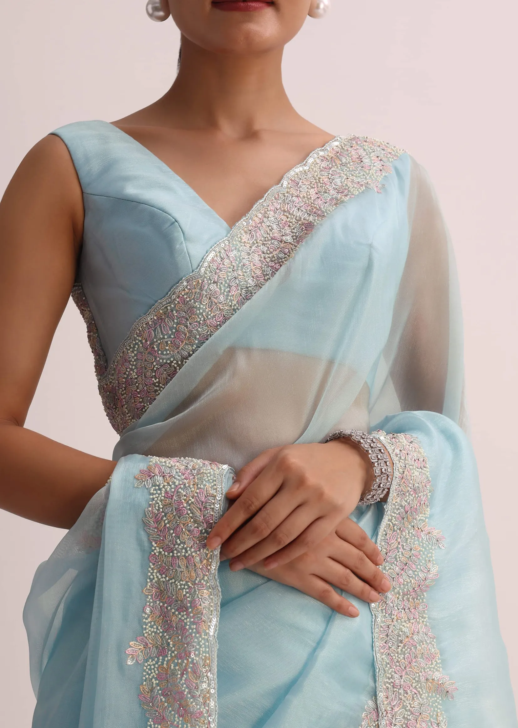 Sky Blue Saree With Resham Threadwork And Unstitched Blouse