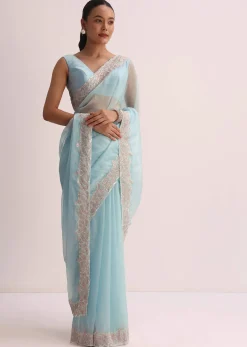 Sky Blue Saree With Resham Threadwork And Unstitched Blouse