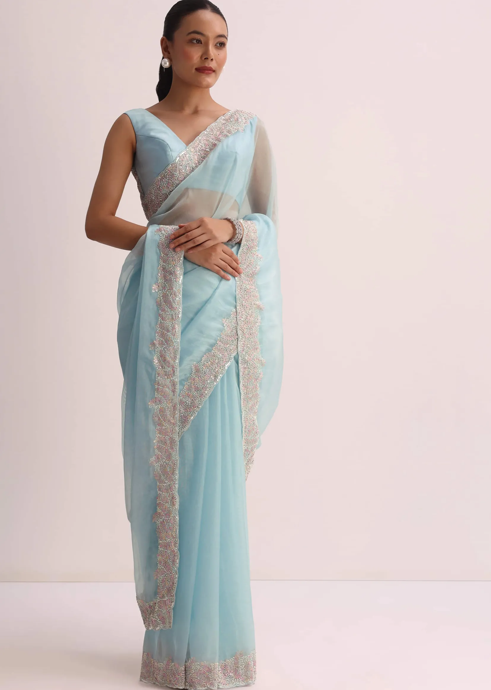Sky Blue Saree With Resham Threadwork And Unstitched Blouse