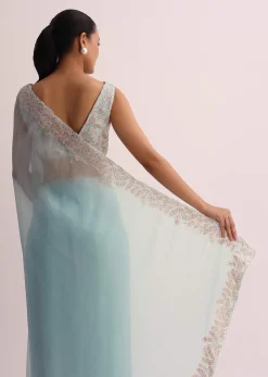 Sky Blue Saree With Resham Threadwork And Unstitched Blouse