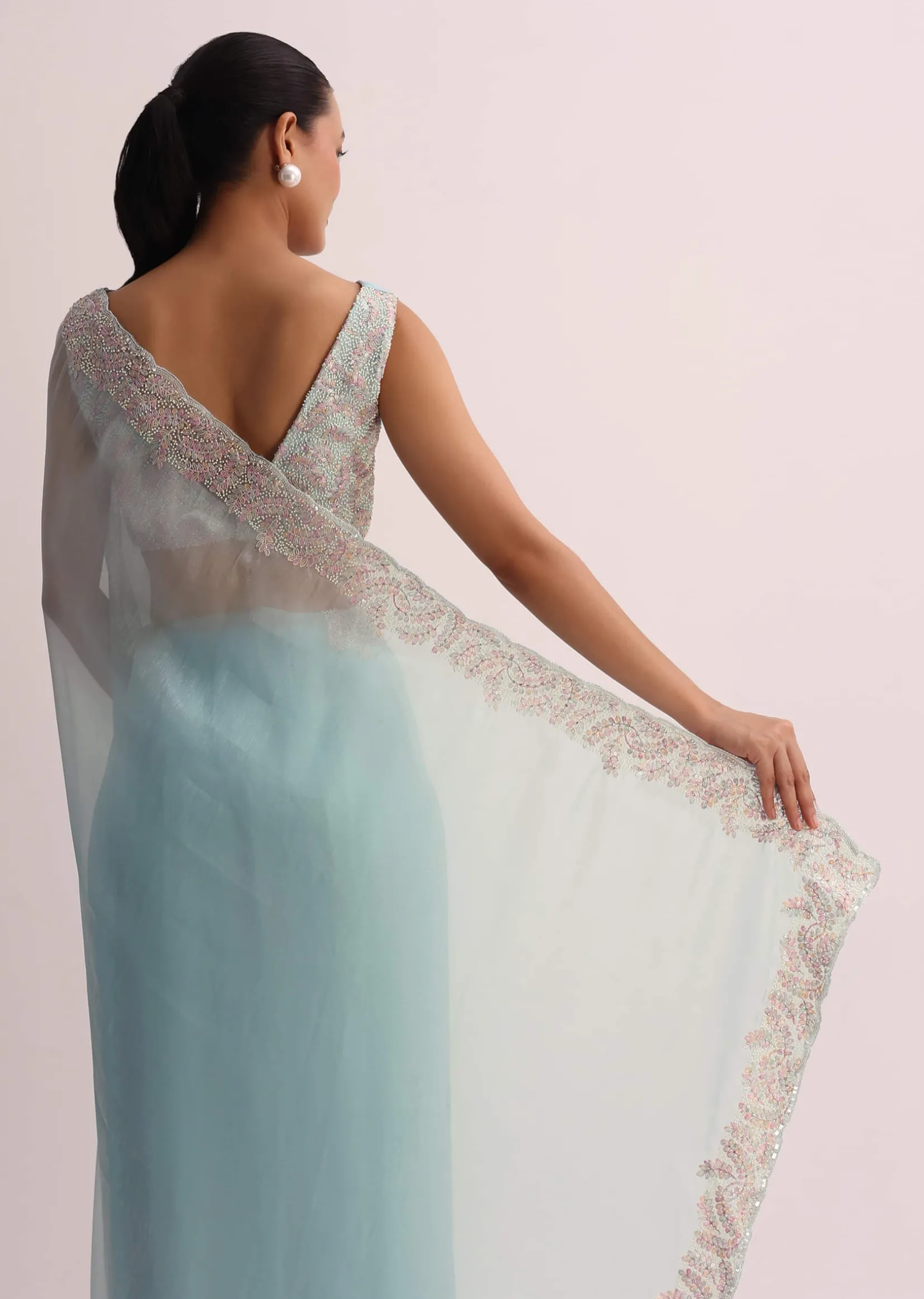 Sky Blue Saree With Resham Threadwork And Unstitched Blouse