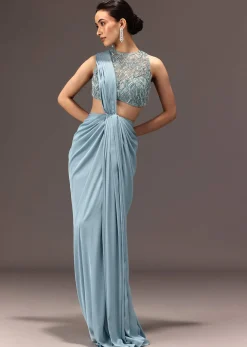 Sky Blue Semi Stitched Saree With Embroidered Blouse
