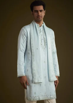Sky Blue Silk Blend Kurta Set With Mirror Work