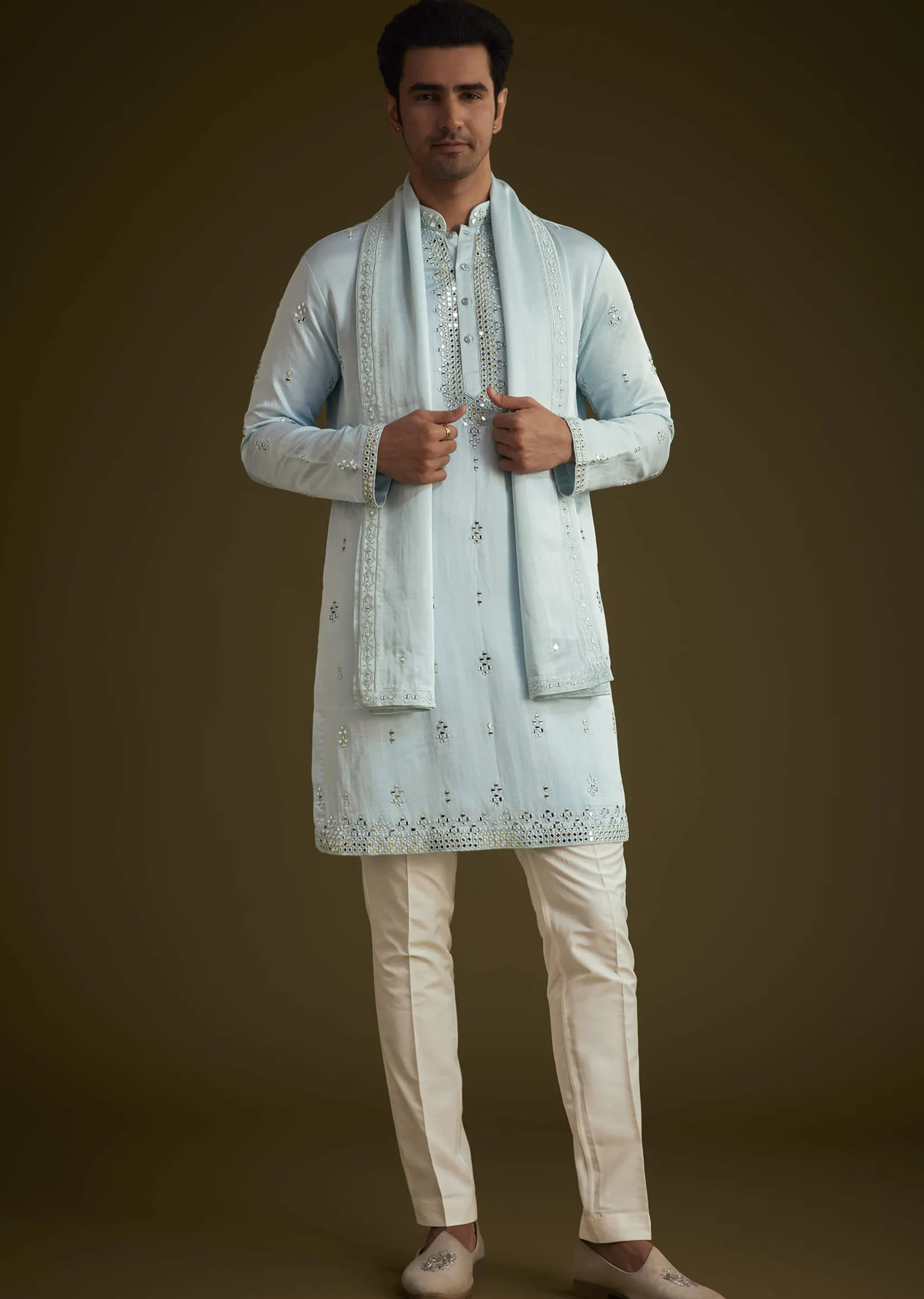 Sky Blue Silk Blend Kurta Set With Mirror Work