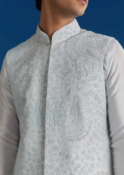 Sky Blue Silk Embroidered Jacket Kurta Set