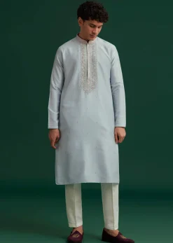 Sky Blue Silk Hand Embroidered Kurta Set