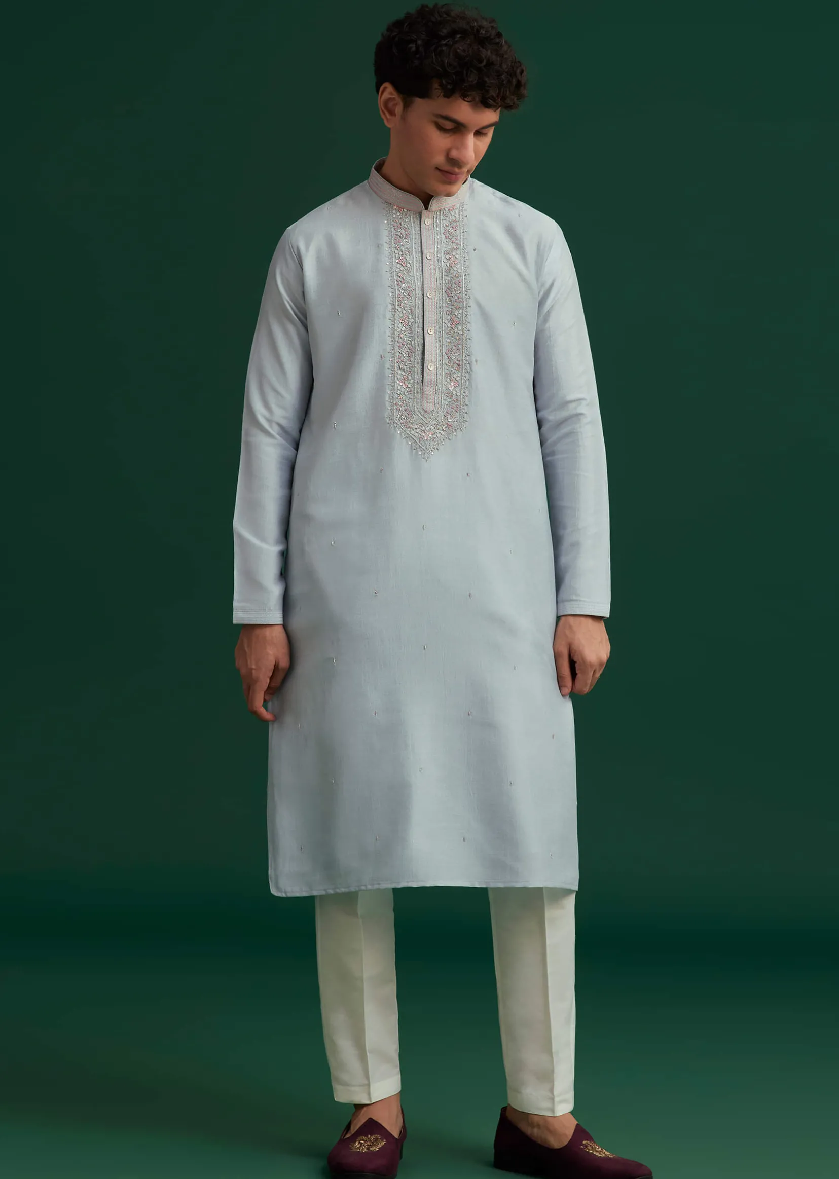 Sky Blue Silk Hand Embroidered Kurta Set