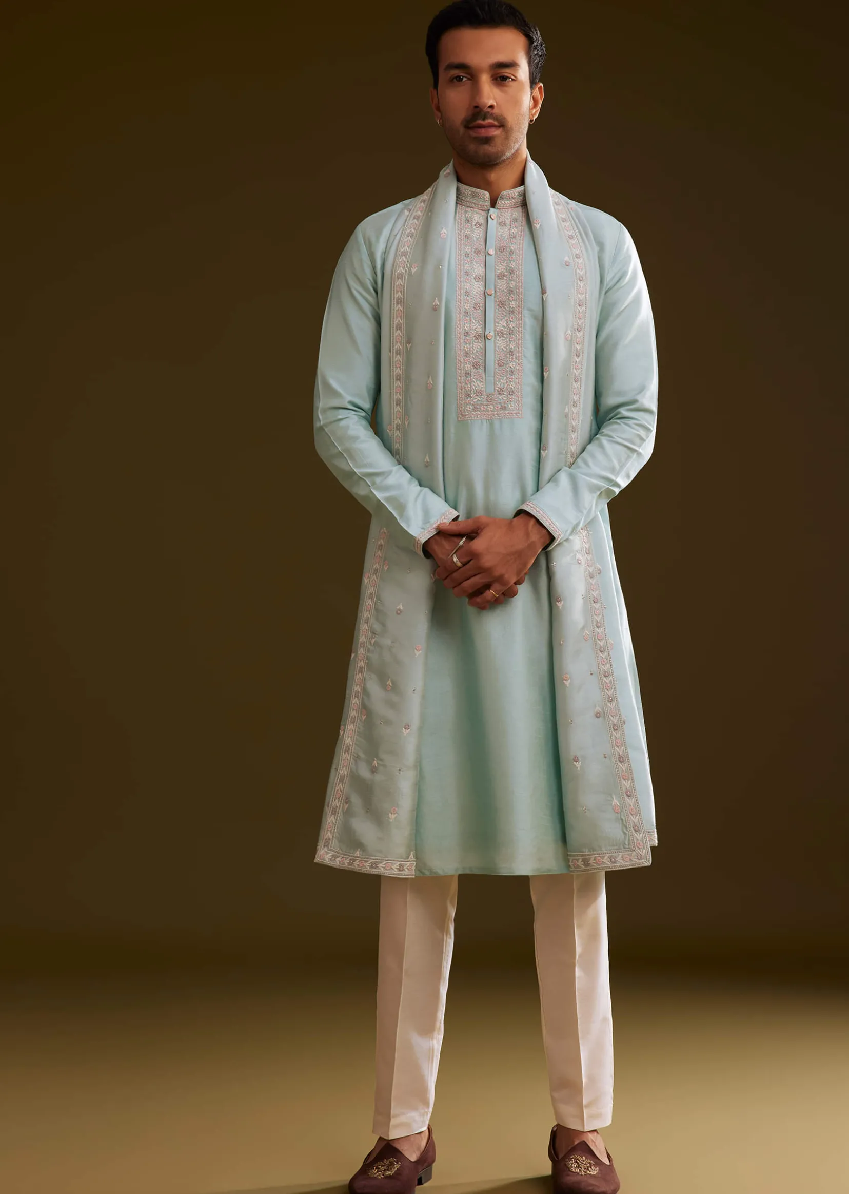 Sky Blue Silk Kurta Set With Embroidered Dupatta