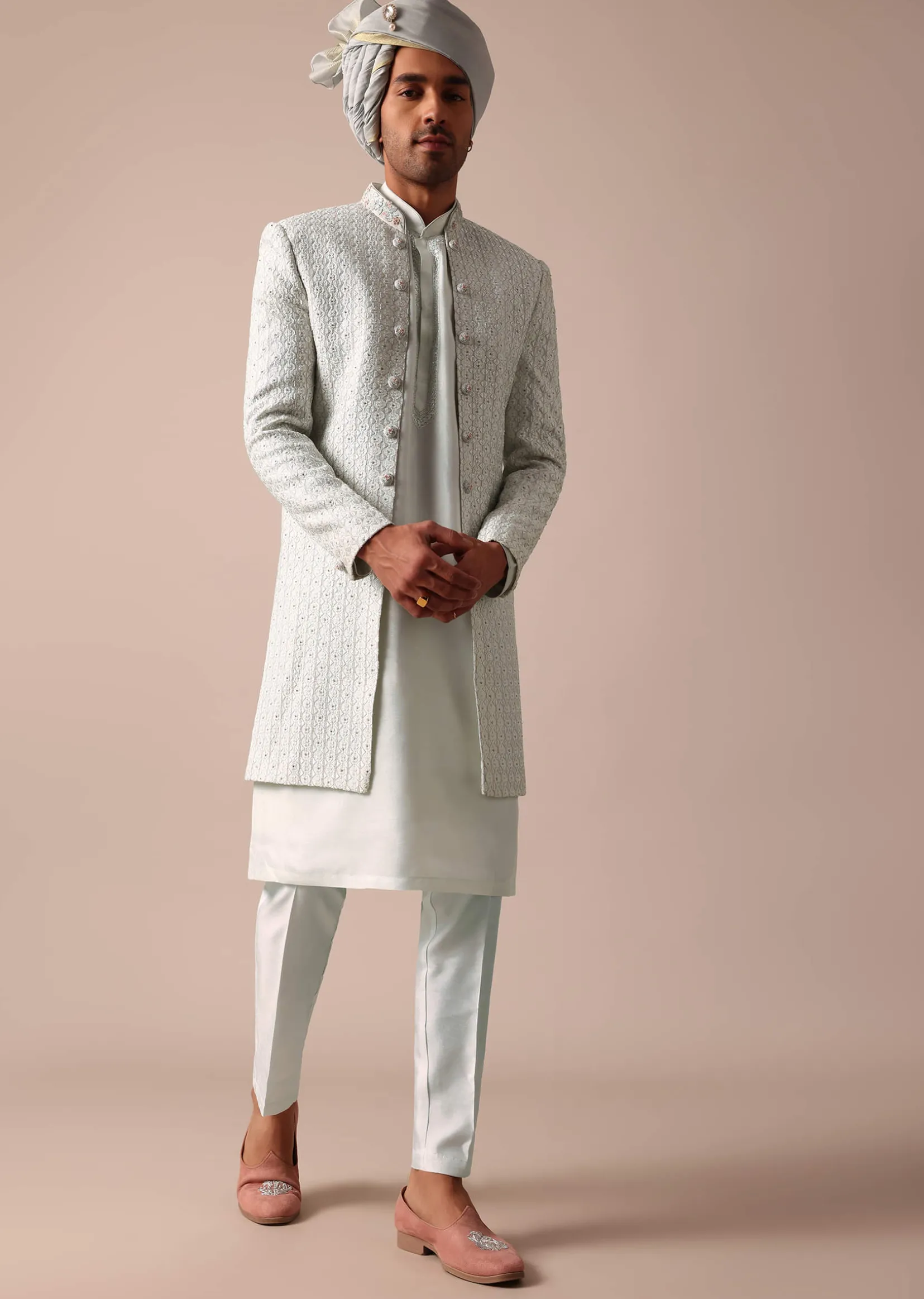 Sky Blue Silk Sherwani With Exquisite All-Over Embroidery
