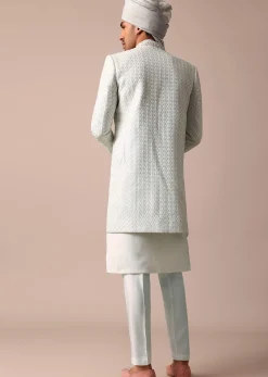 Sky Blue Silk Sherwani With Exquisite All-Over Embroidery