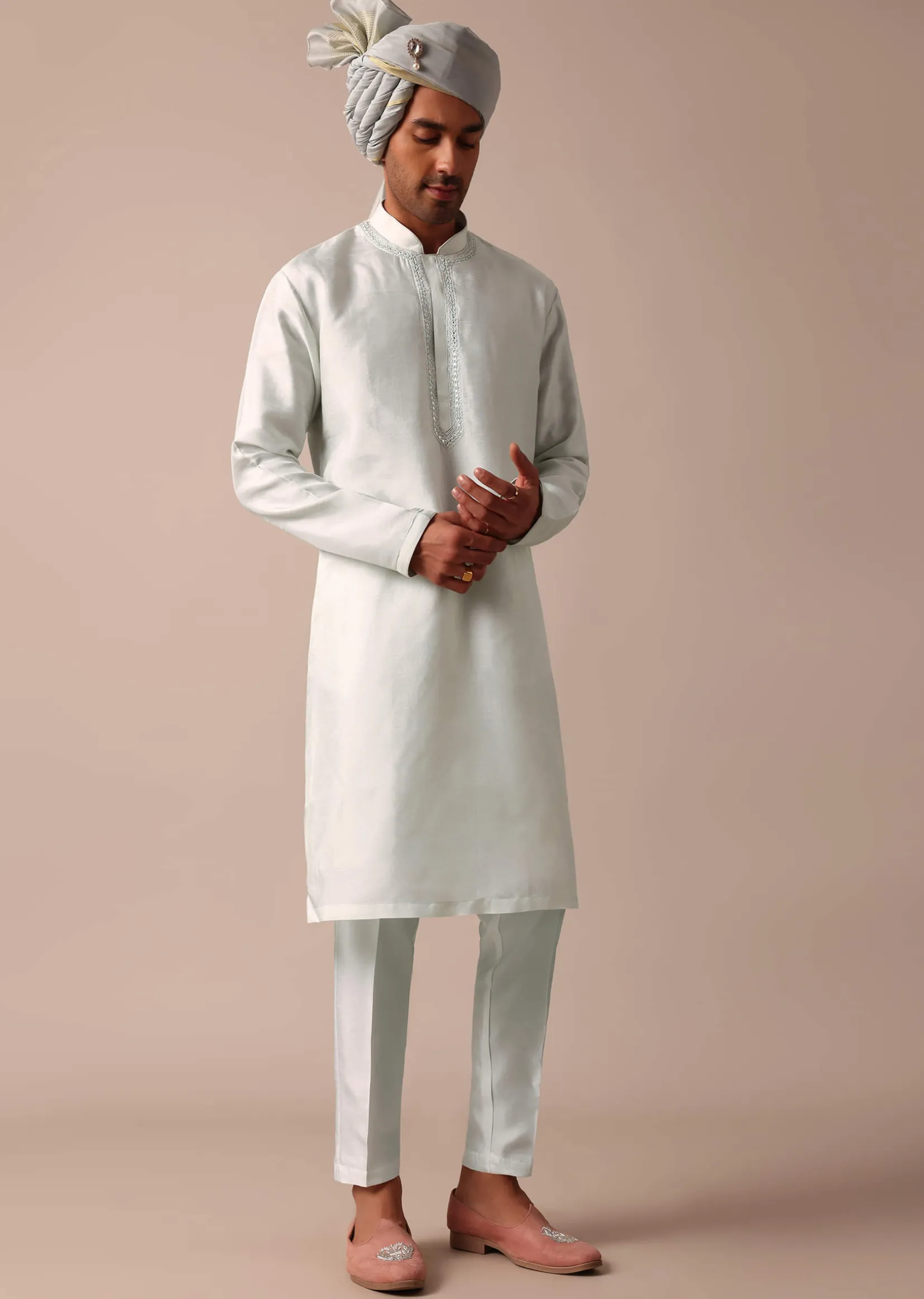Sky Blue Silk Sherwani With Exquisite All-Over Embroidery