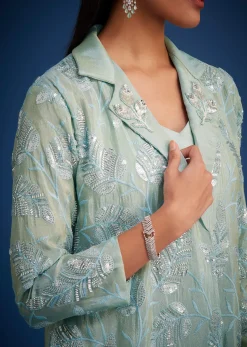 Sky Blue Tissue Embroidered Jacket Palazzo Set