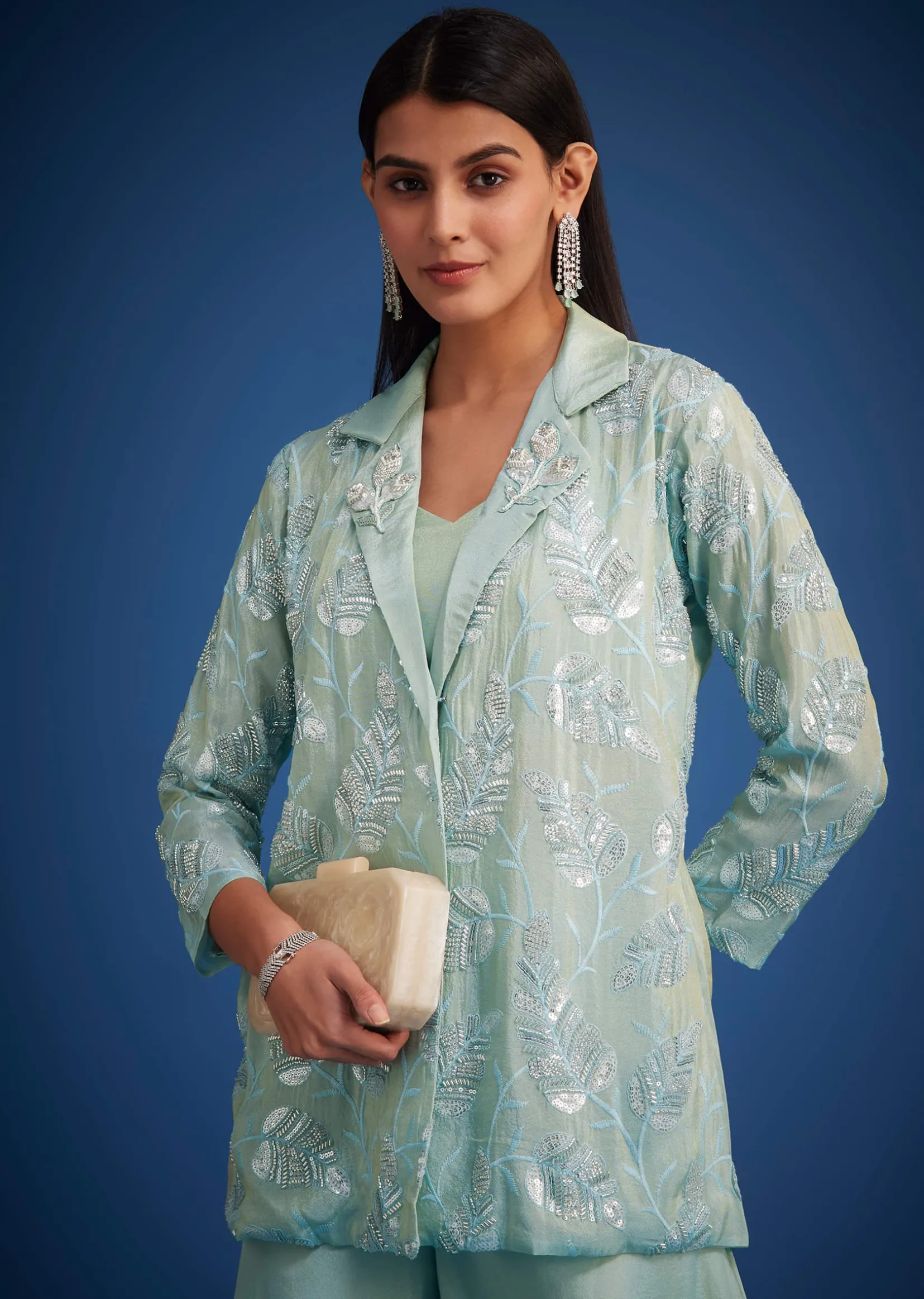Sky Blue Tissue Embroidered Jacket Palazzo Set