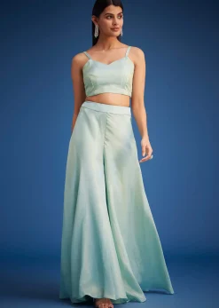 Sky Blue Tissue Embroidered Jacket Palazzo Set