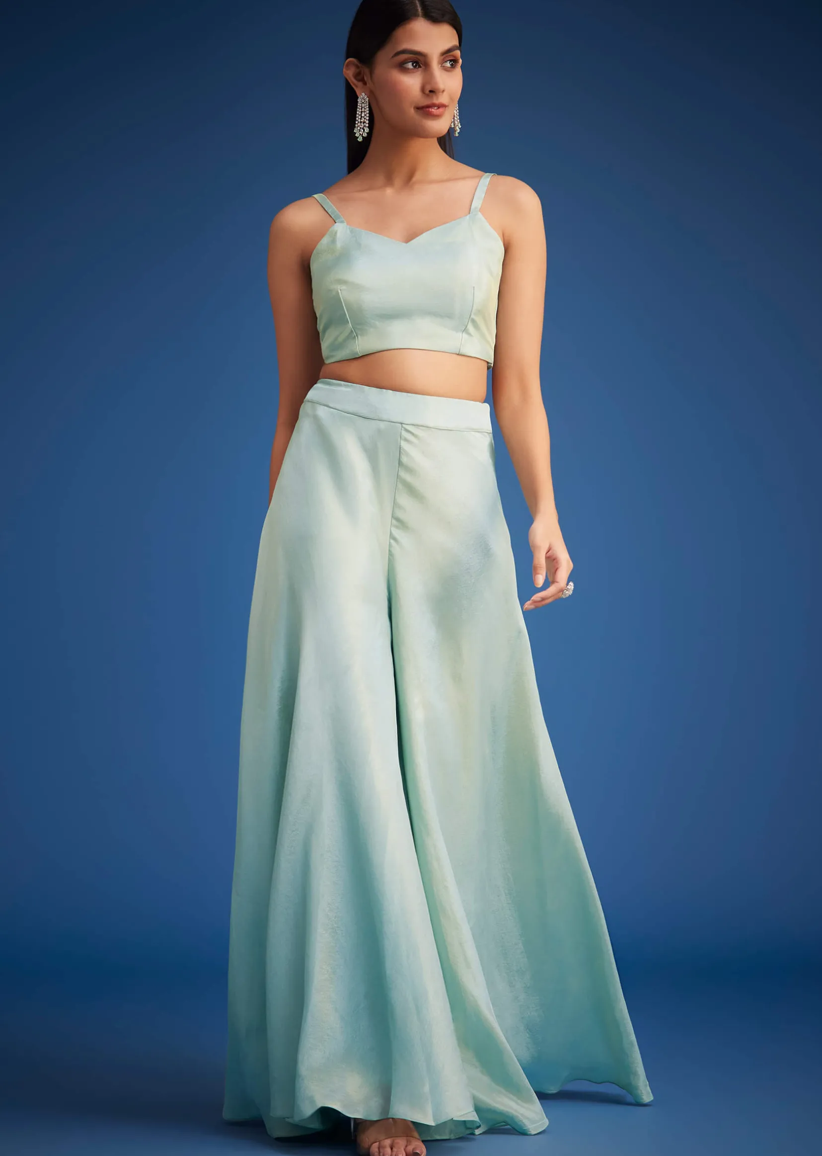 Sky Blue Tissue Embroidered Jacket Palazzo Set