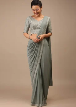 Slate Grey Lycra Pre Drape Saree With Moroccan Jaal And Sequins Work