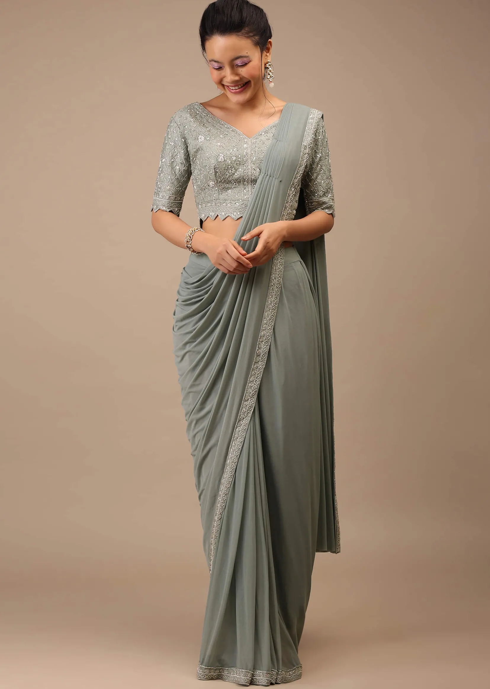 Slate Grey Lycra Pre Drape Saree With Moroccan Jaal And Sequins Work