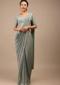 Slate Grey Lycra Pre Drape Saree With Moroccan Jaal And Sequins Work