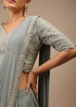 Slate Grey Lycra Pre Drape Saree With Moroccan Jaal And Sequins Work