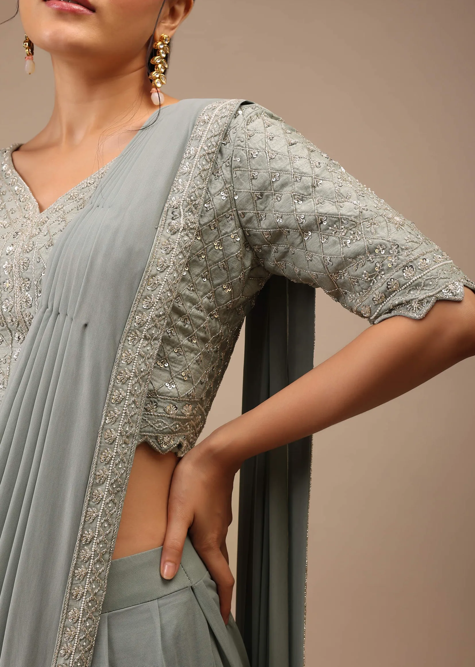 Slate Grey Lycra Pre Drape Saree With Moroccan Jaal And Sequins Work